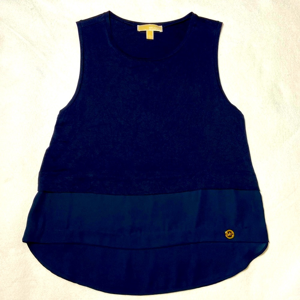 Michael KORS Sleeveless Top. Navy Blue. Large. Sheer bottom Hem.
